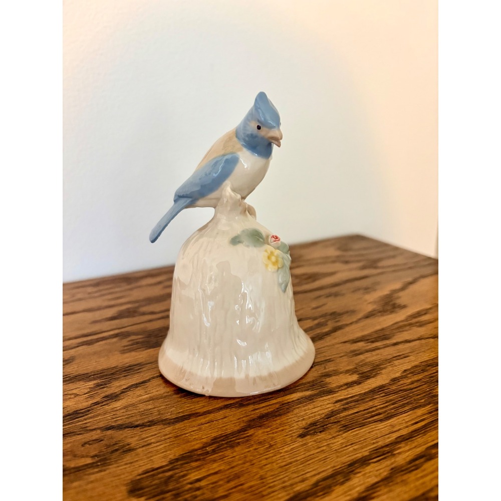 Vintage Porcelain Blue Jay Bird Figurine Bell Floral Decorative Collectible